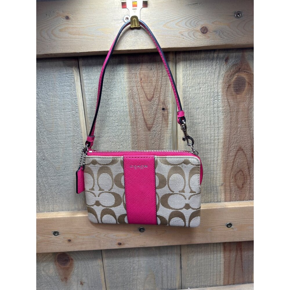 Coach Signature Canvas Wristlet With Pink Leather Trim